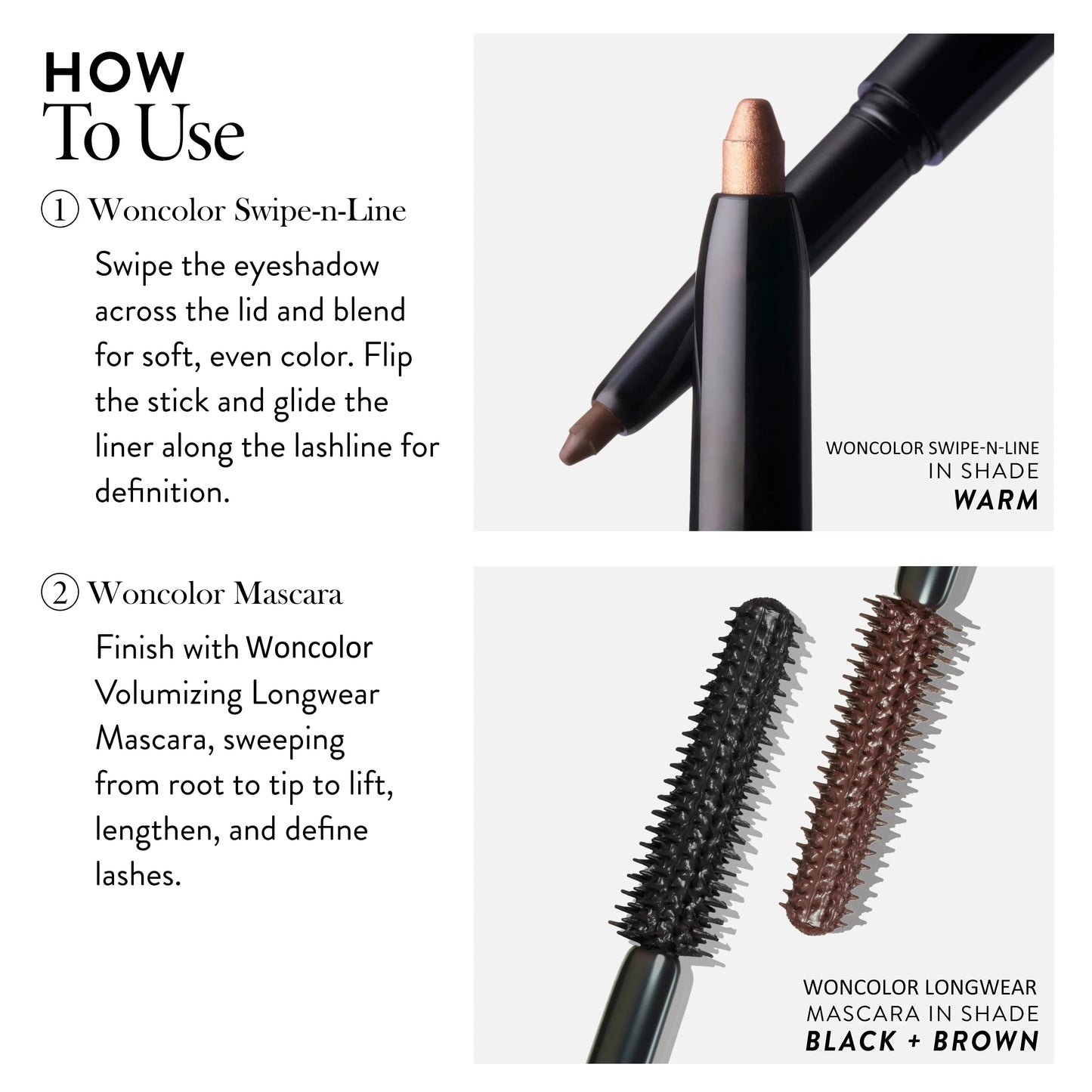 WONCOLOR Eye Color Enhancing Duo - Swipe-n-Line Instant Eye Perfecting Stick & Volumizing Longwear Mascara